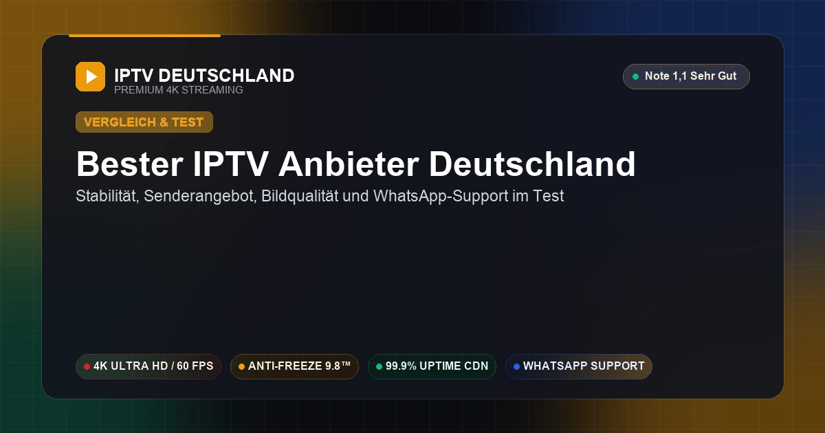 Bester IPTV Anbieter Deutschland 2026 — Testergebnis mit Gesamtnote 1,1 Sehr Gut und Anti-Freeze 9.8™