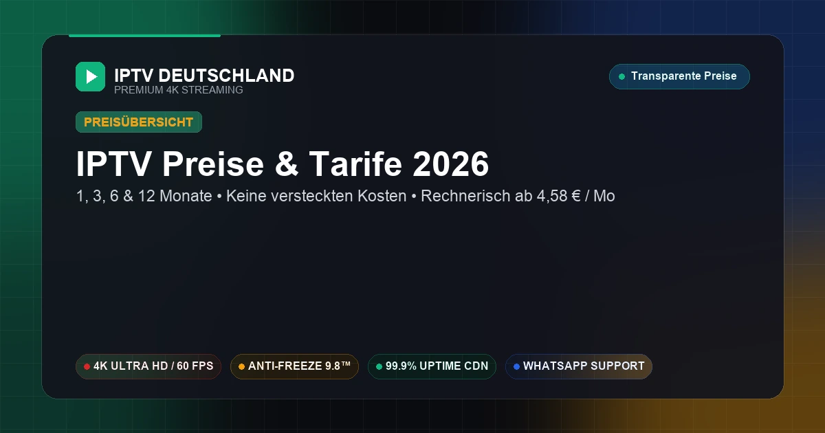 German IPTV Tarife und Preise 2026 — Transparente Angebote ab 8 Euro monatlich oder 55 Euro Jahresabo